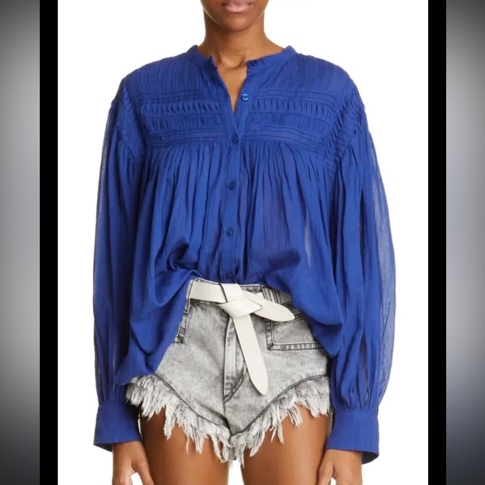 Isabel Marant Etoile Pin Tucked Indigo Blue Cotton Peassnt Blouse size 36 Small